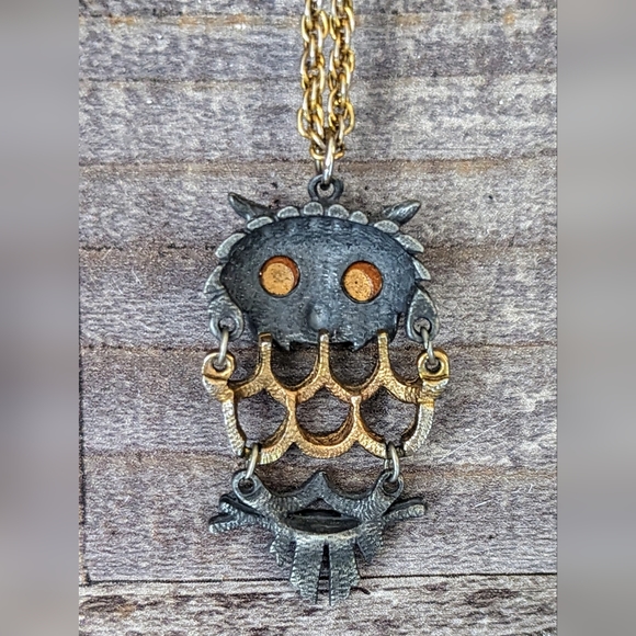 Vintage Goldtone/Pewter Owl With Amber Eyes On Gold Chain Necklace - Picture 7 of 7